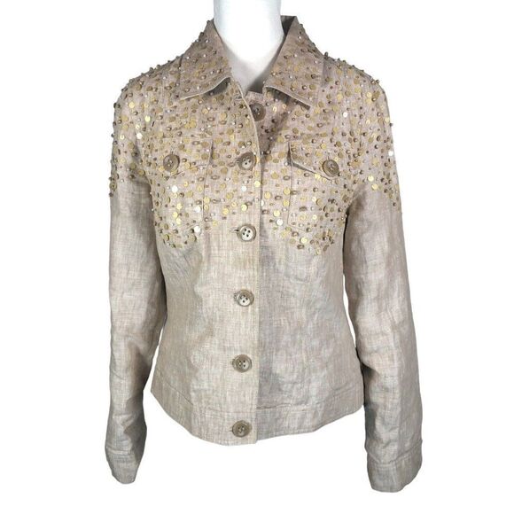 Just B Women’s Tan100% Linen Jacket M Pearls Beaded Sequins Spring - Picture 1 of 12